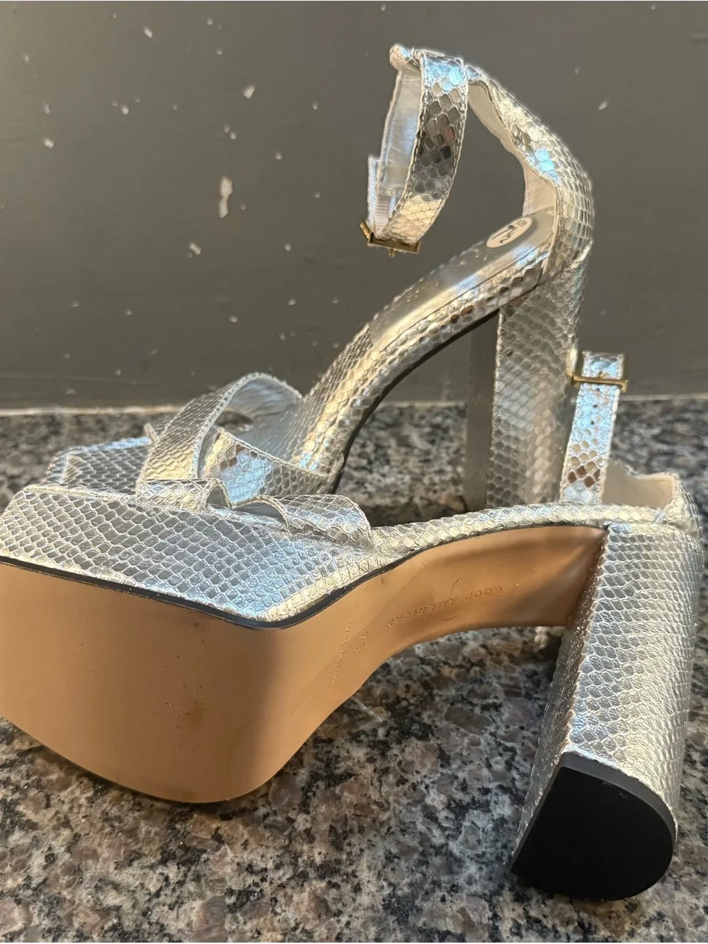 Good American Silver Snake-Print Platform Block Heels Size 7.5